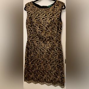 Lauren Ralph Lauren Formal Gold Black Embroidered Lace Dress Sz 10